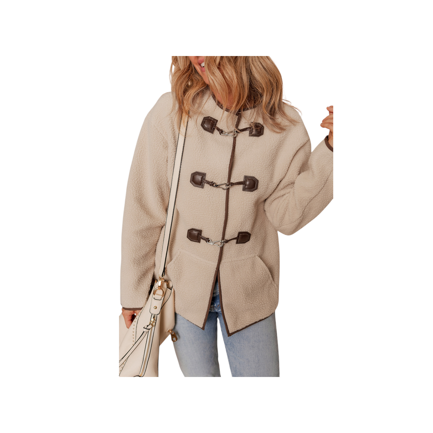Beige duffle coat worn by a person on a white background