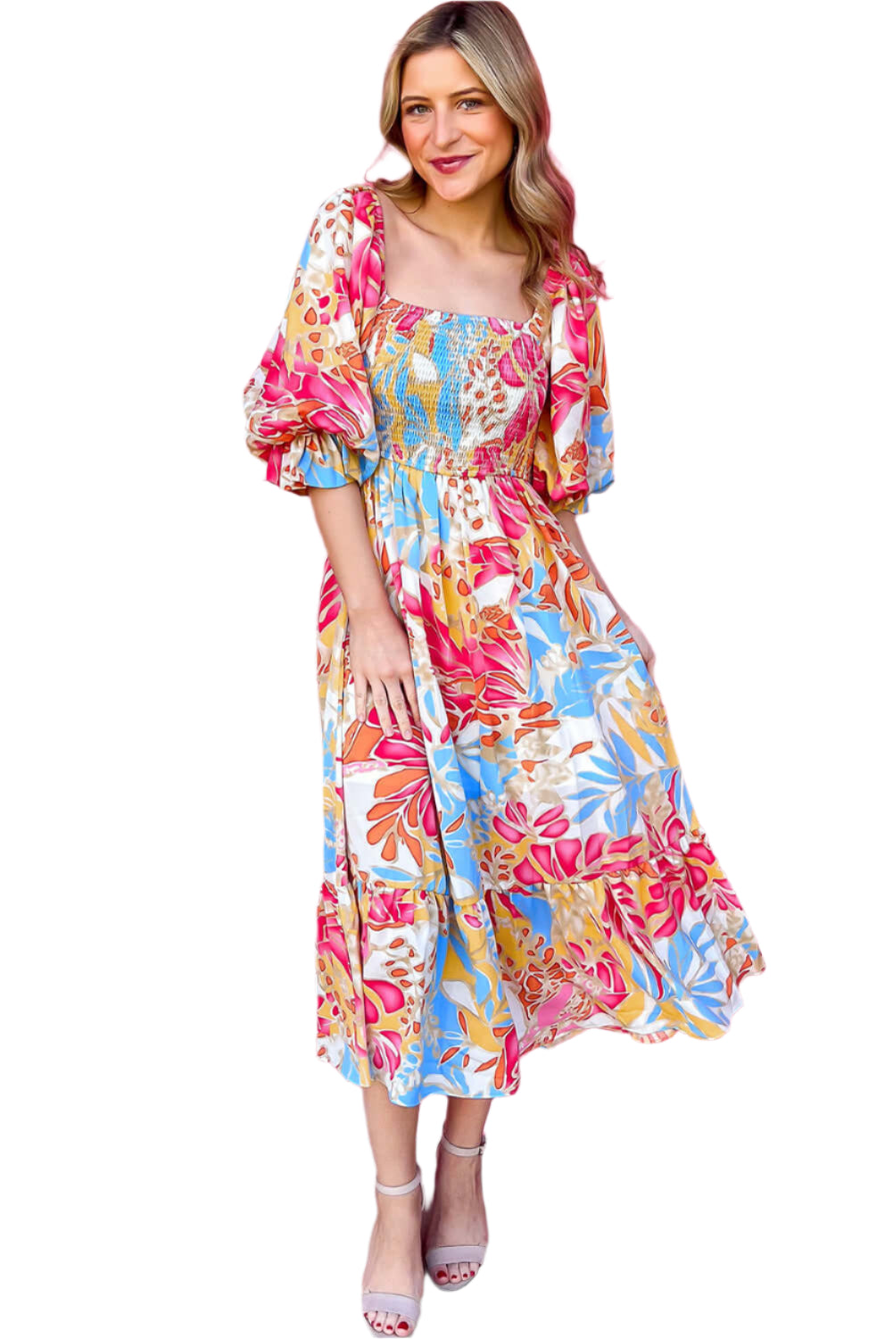 Full front view of a rred tropical midi dress with puff sleeves and smocked bodice.