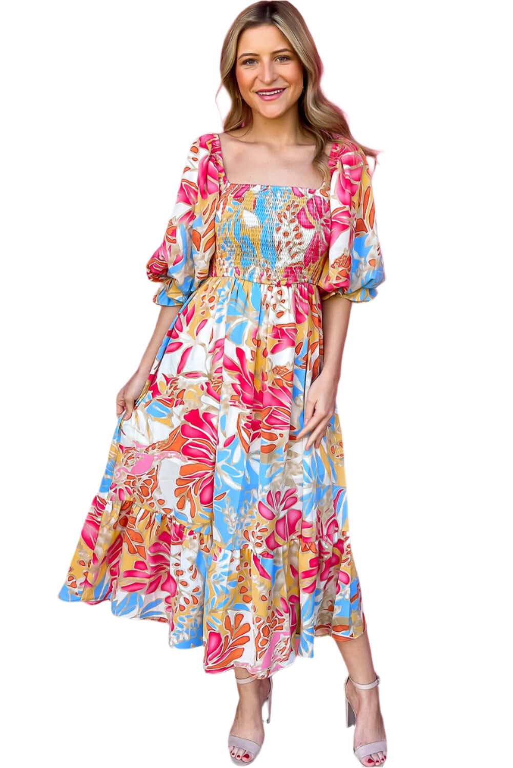 Rose Red Tropical Print Midi Dress