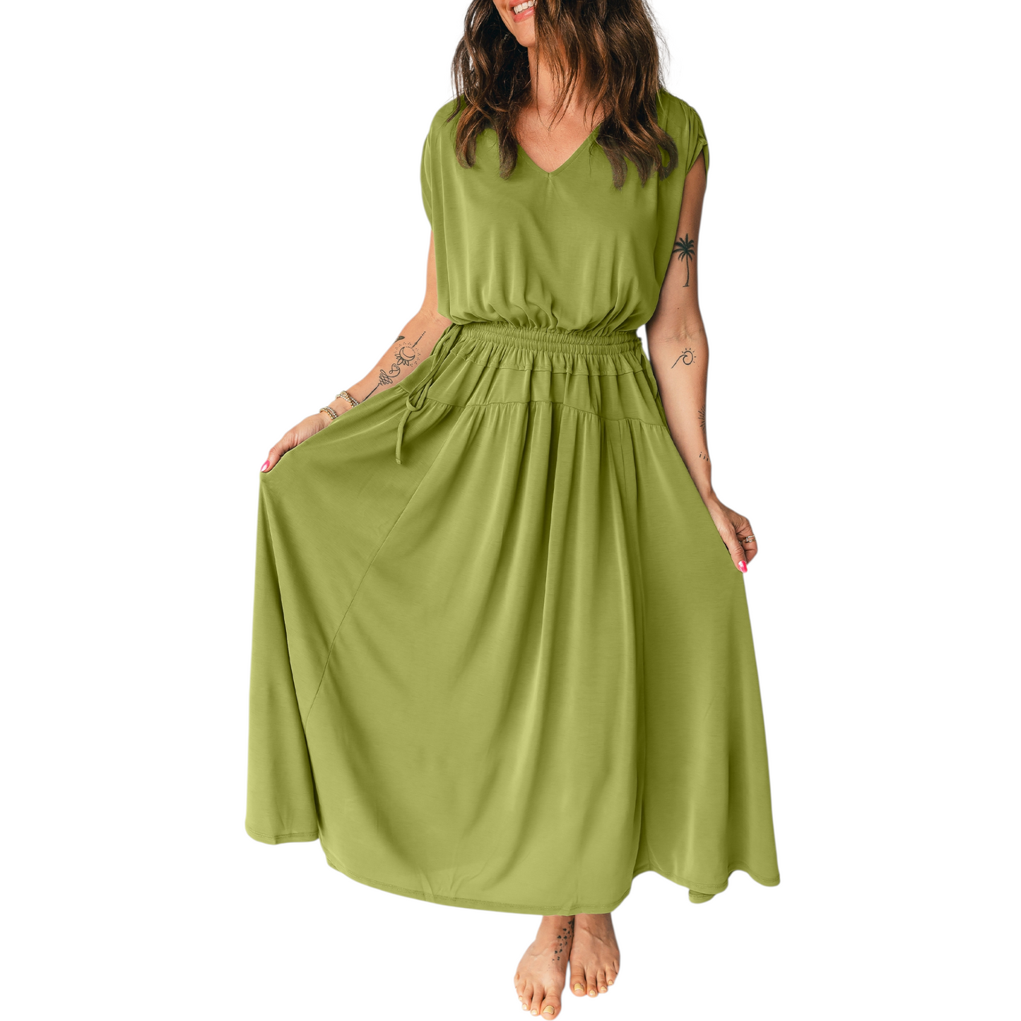 Front view of an olive green v-neck maxi dress with short sleeves and an adjustable side drawstring elastic waist on a white background.