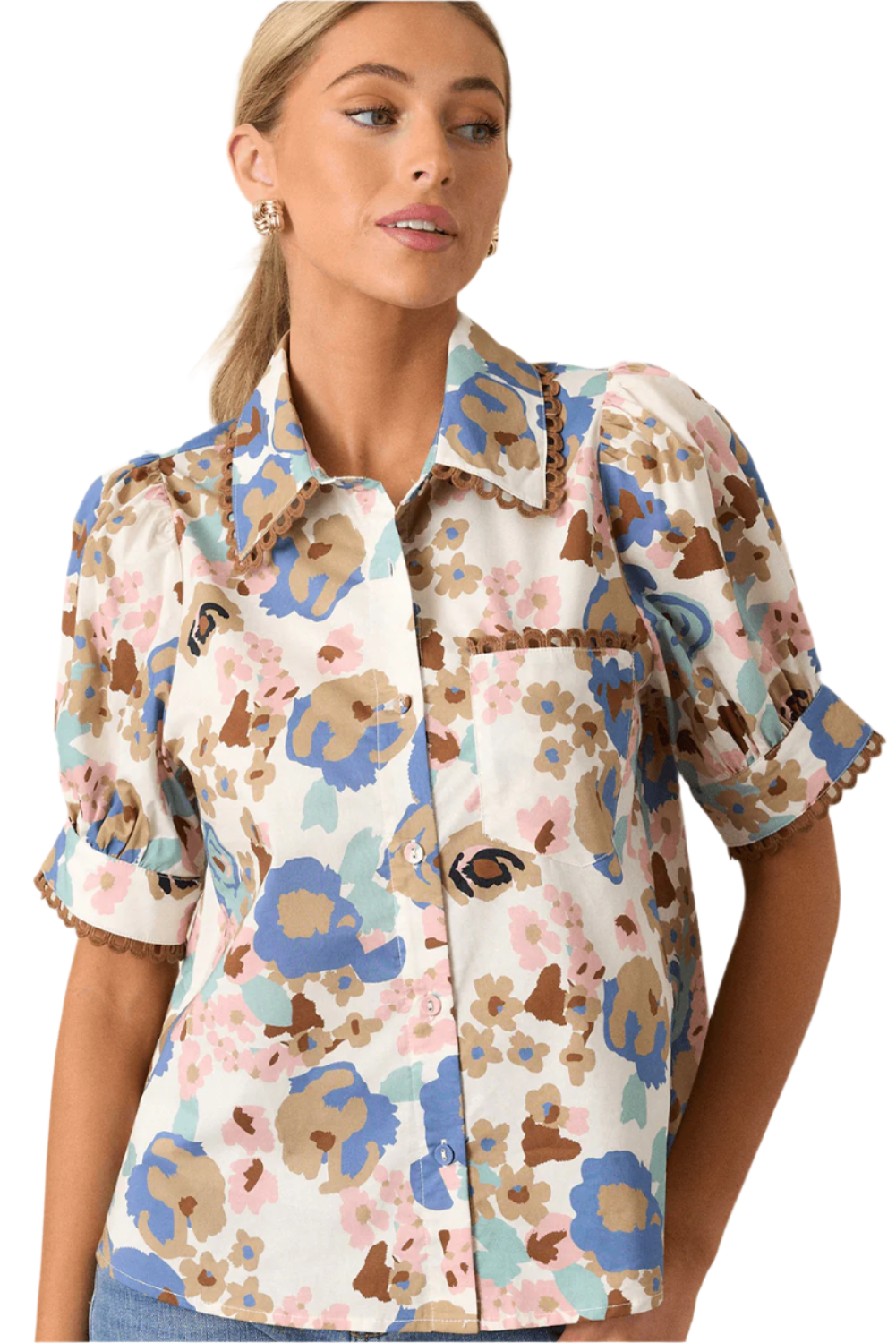 Vintage 60s Flower Shirt Womens with Short Sleeves, Mulicolor Design.