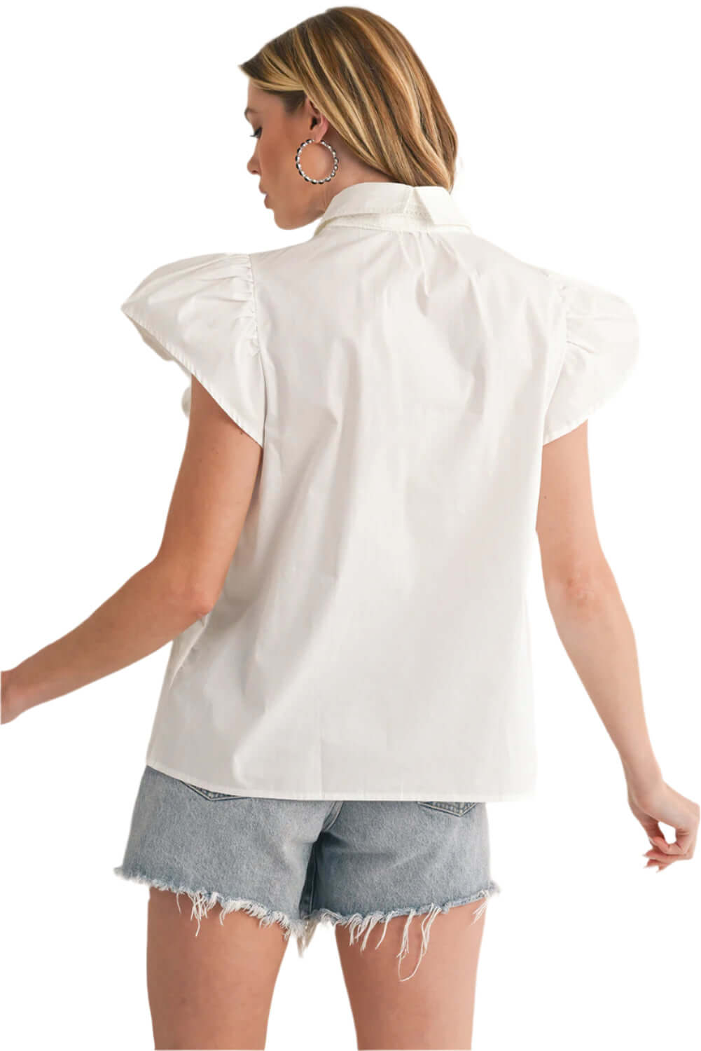 Back view of women's white crochet blouse showcasing lightweight summer fabric.