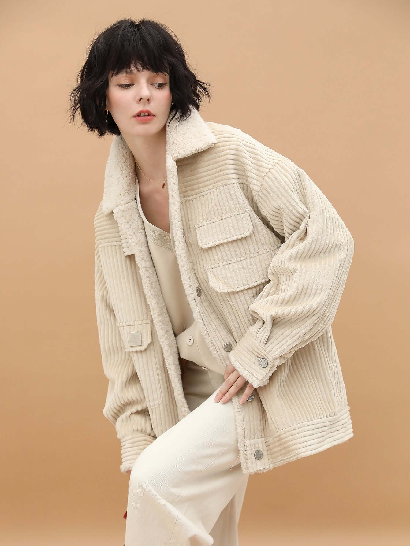 White Oversized Corduroy Parka-1