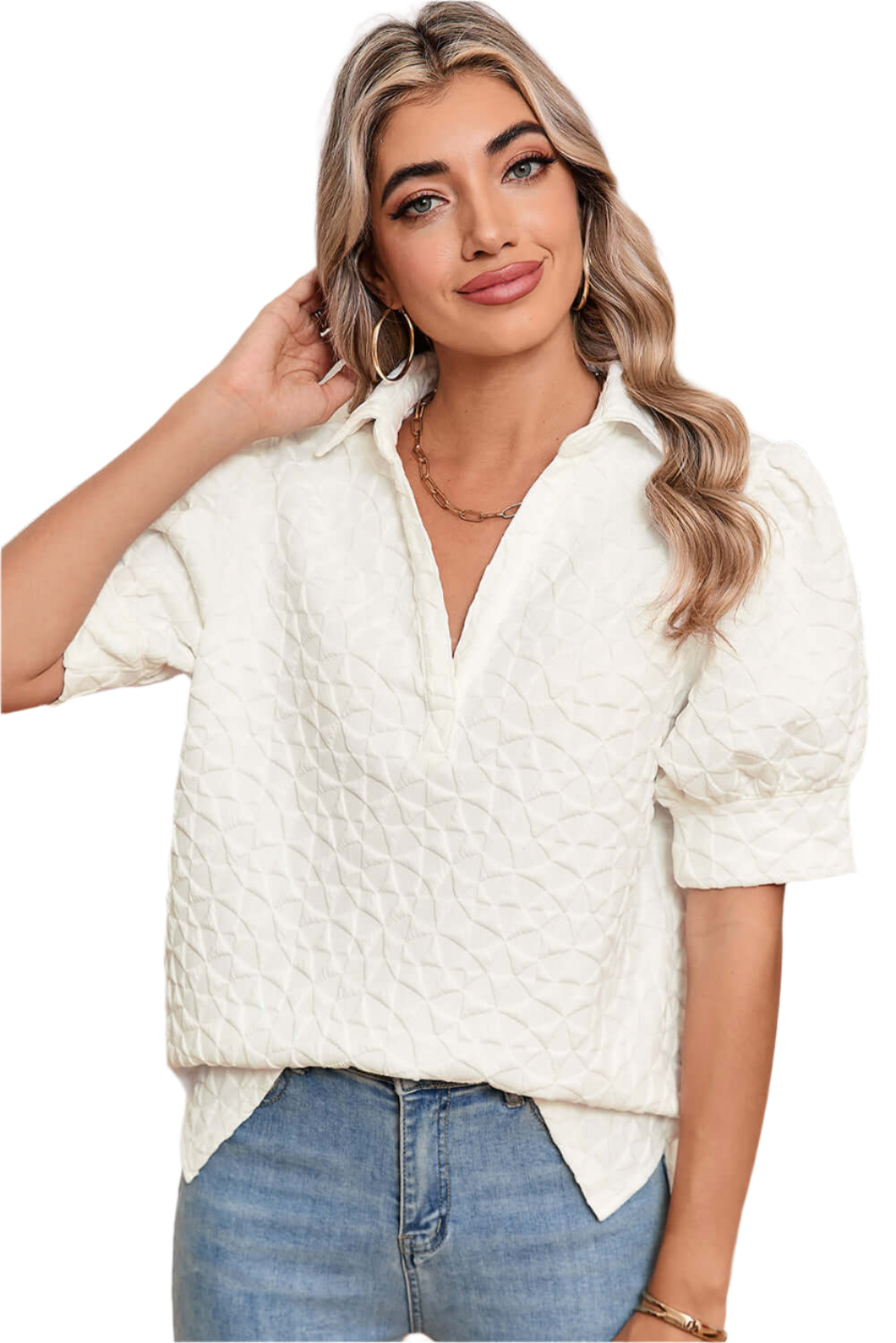 Neutral white V-neck textured top for women. Ideal for casual summer occasions.