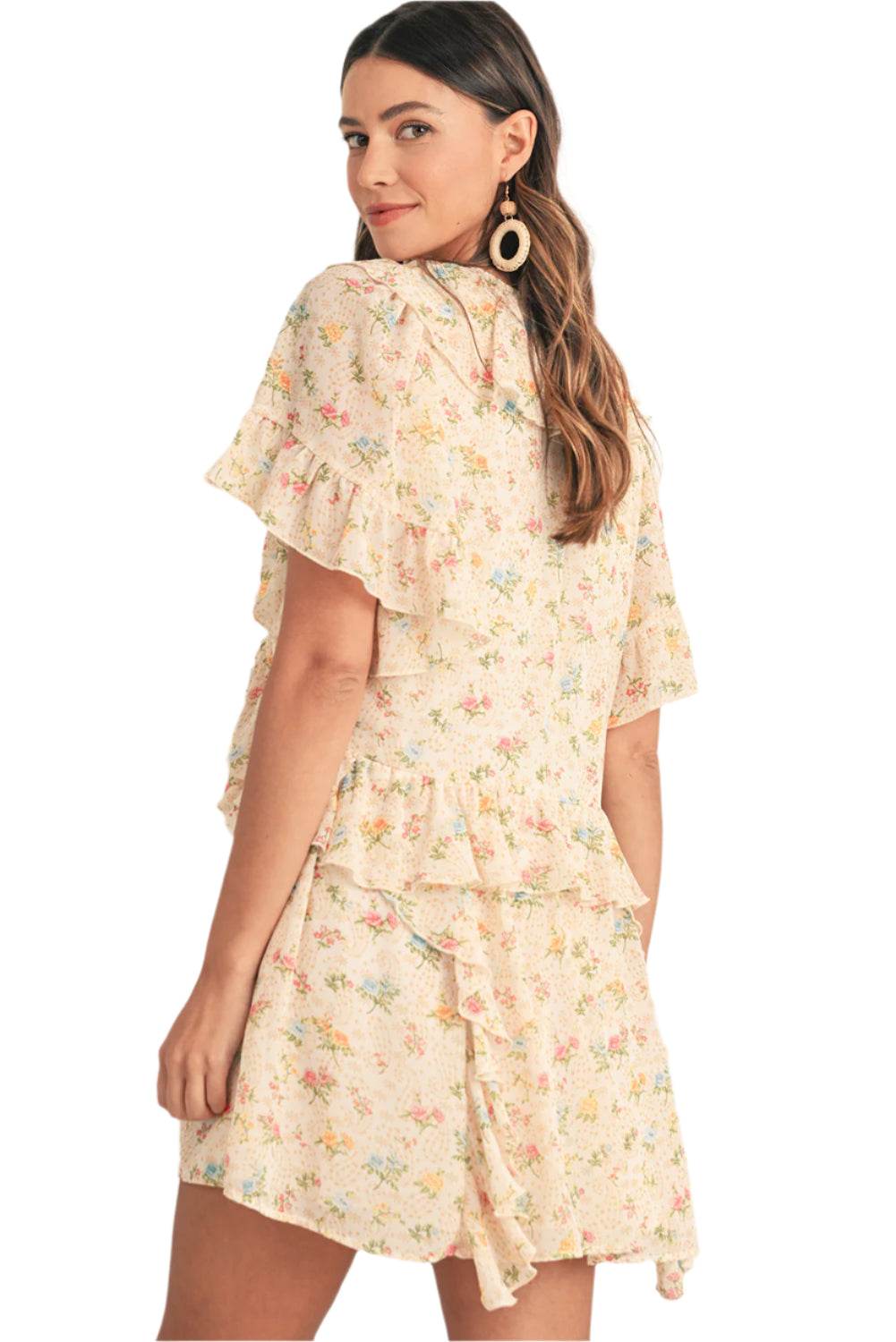 Multicolored floral print mini dress with ruffle details, summer styles.