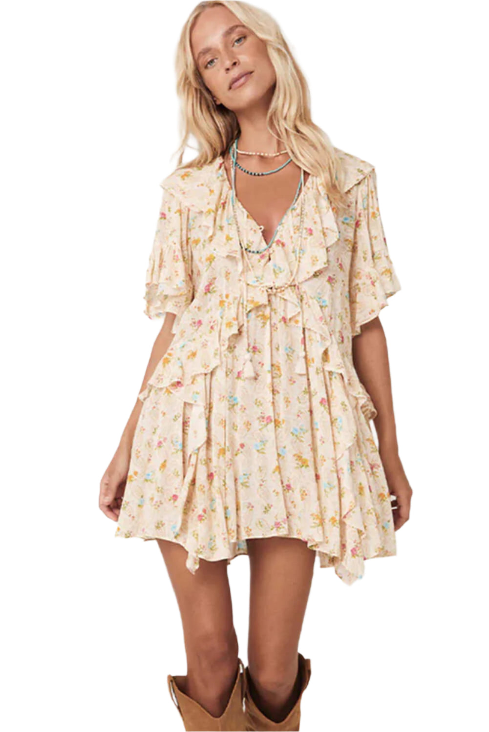 Woman wearing a boho floral ruffle mini dress featuring V-neck and short sleeves, perfect for summer casual occasions.