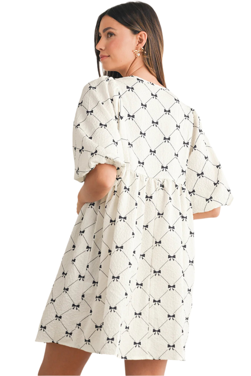 Womens White Bow Print Mini Dress - Catherine Martin. Back view.