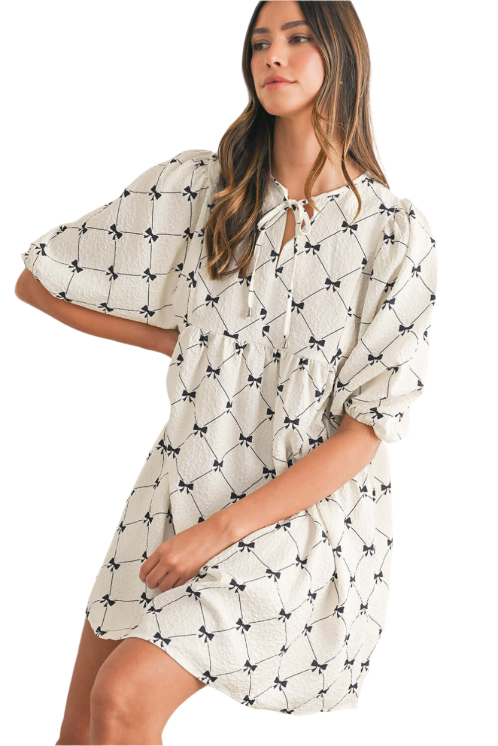 Womens White Bow Print Mini Dress with Short Lantern Sleeves.