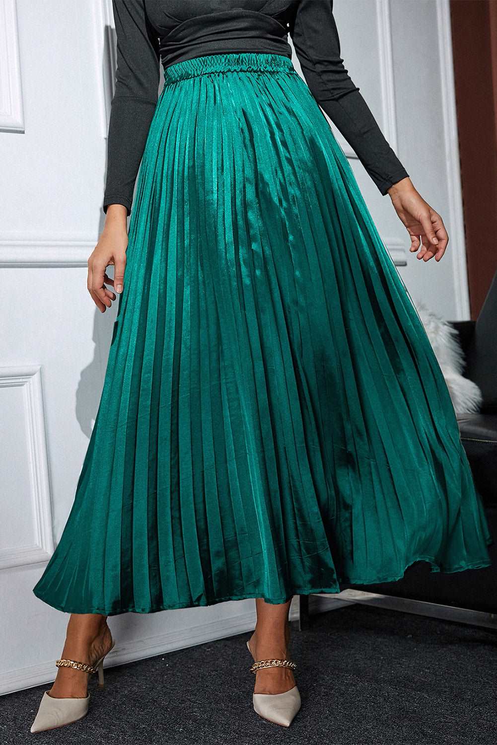 dark green satin long skirt