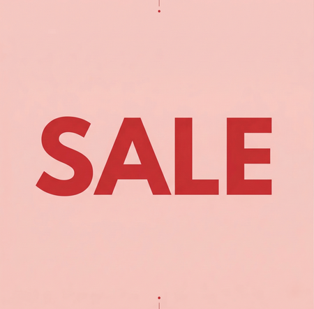 A square graphic with a soft light pink background featuring the word 'SALE' in bold, clean red capital letters, centered with small decorative red dots at the top and bottom.