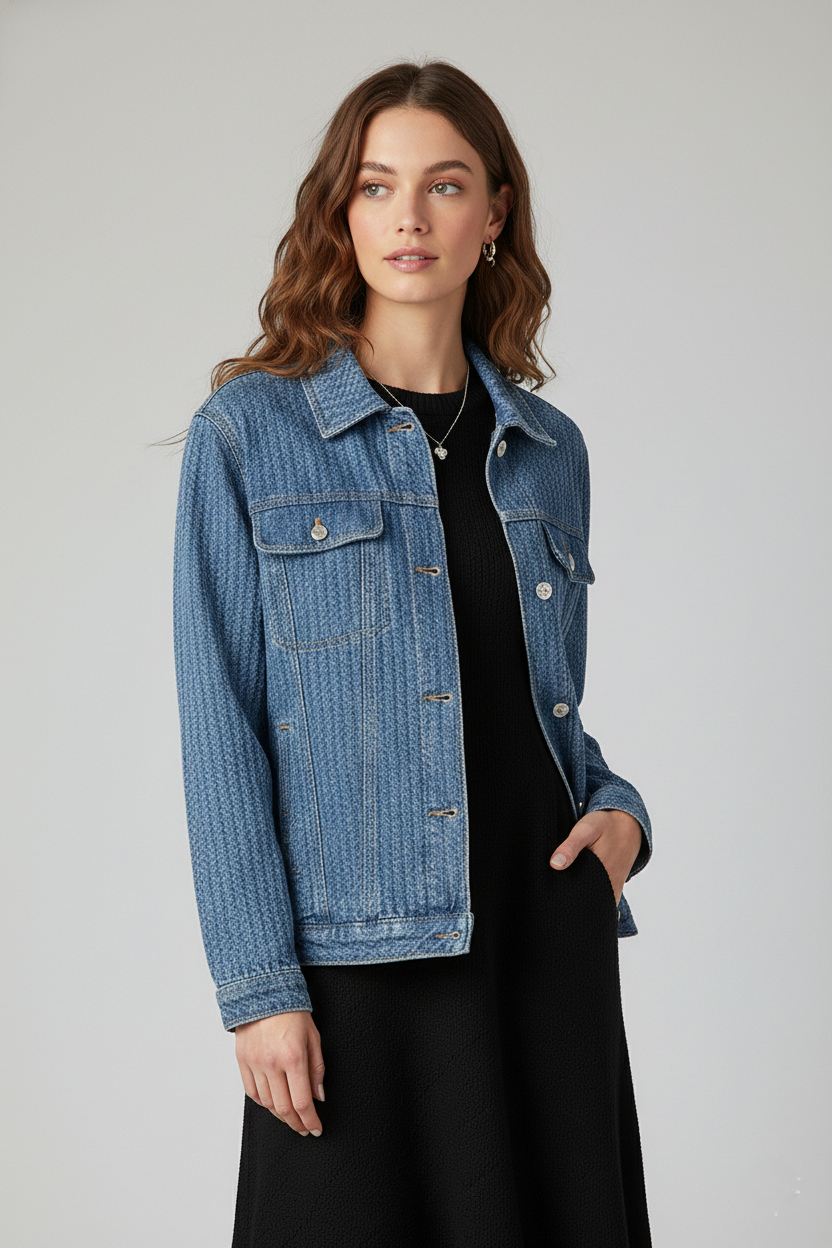 A stylish woman modeling a blue textured denim jacket from the Catherine Martin Coats & Jackets collection.