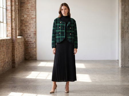 Model in a luxury loft wearing a tailored green and black plaid emerald cardigan jacket over a black pleated maxi dress from the Catherine Martin Winter Collection.