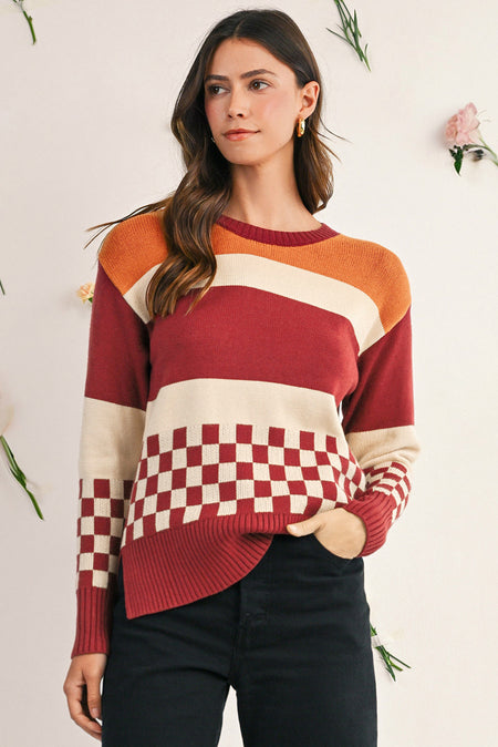Brown multi coloured checkered vintage-inspired long sleeve sweater 