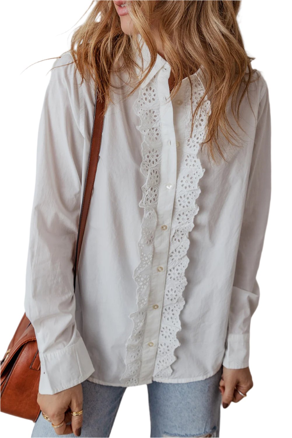 White Lace Crochet Shirt Long Sleeves