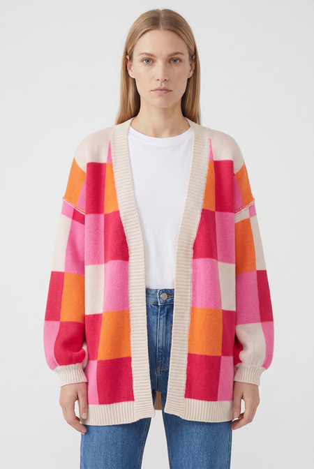 Woman wearing a multicolour checkered cardigan with long sleeves and open front