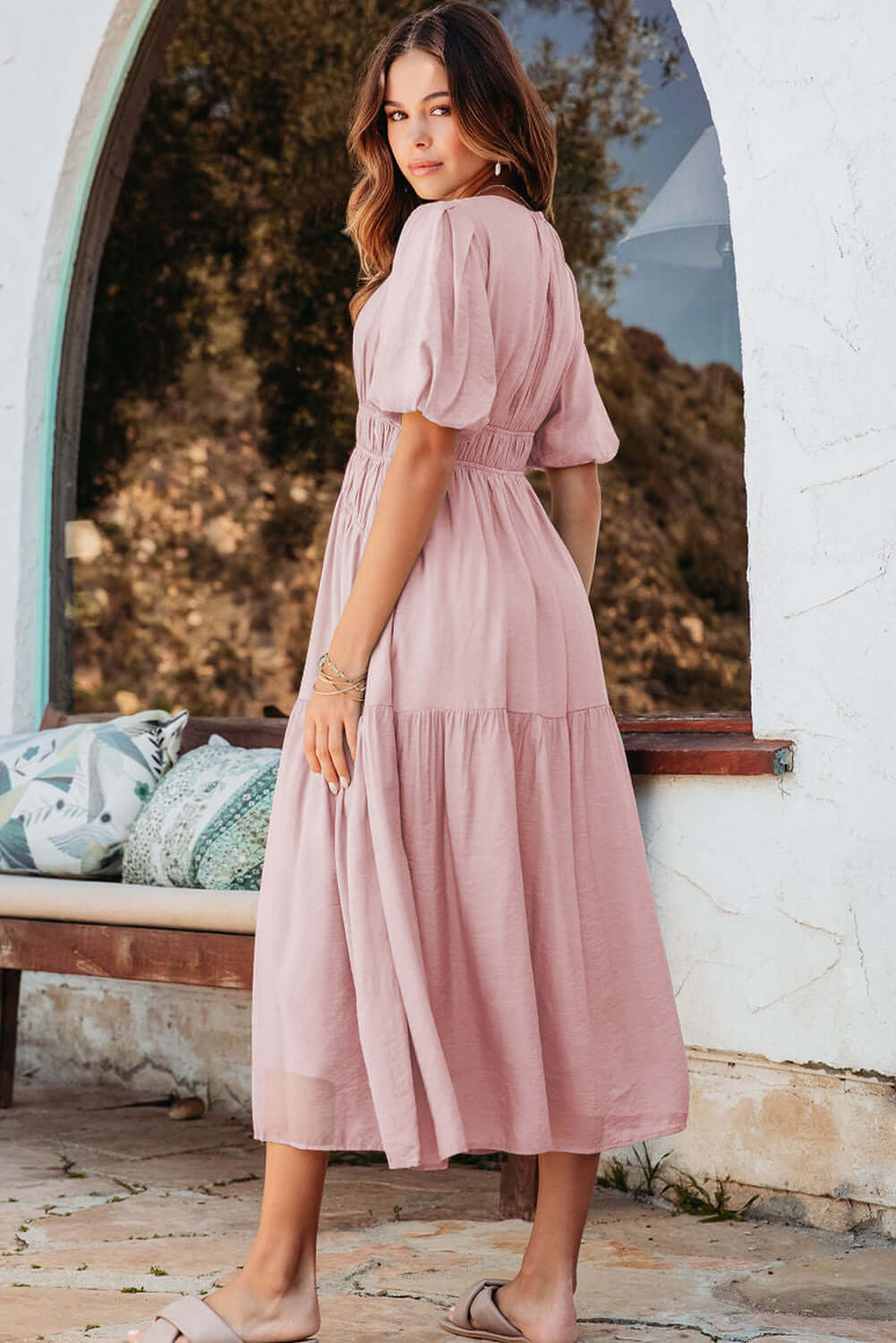 Women's Pink Puff Sleeve Tiered Midi Dress. Side View.