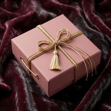 Luxury pink and gold gift box on burgundy velvet background - Catherine Martin E-Gift Card.