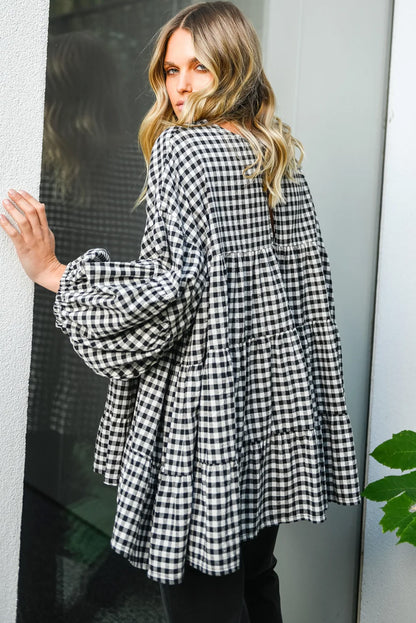 Black Plaid Tiered Oversized Blouse - Catherine Martin