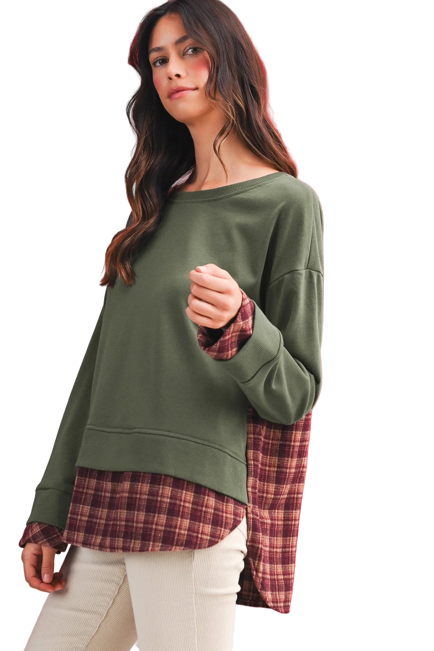 Side-profile view showcasing the high-low curved hemline and layering effect of the contrast panel top.