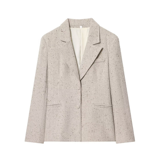 Front view of a khaki tailored blazer featuring a speckled tweed-look fabric, notched lapels, and two-button closure.