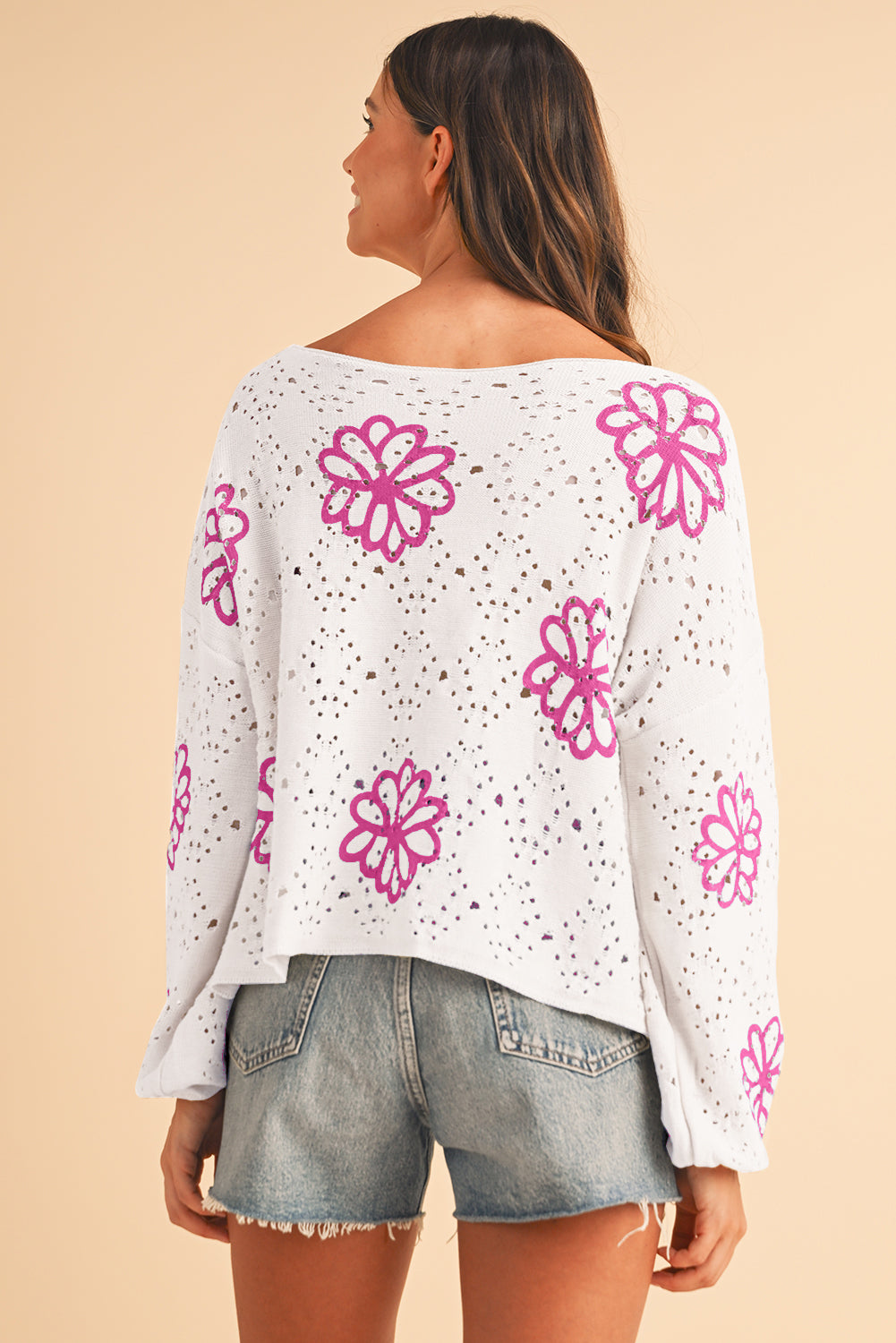 Beige Flower Print Hollow Knit Sweater  - Catherine Martin