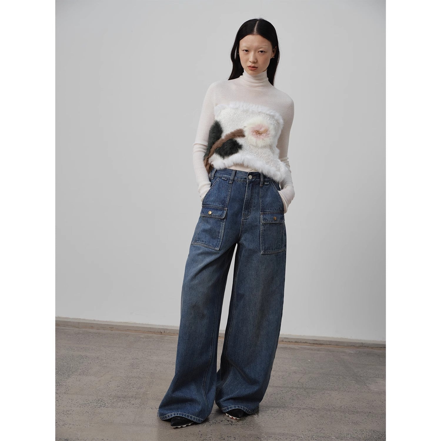 Firelady Fur Washed Vintage Blue Straight-leg Jeans for Women-1