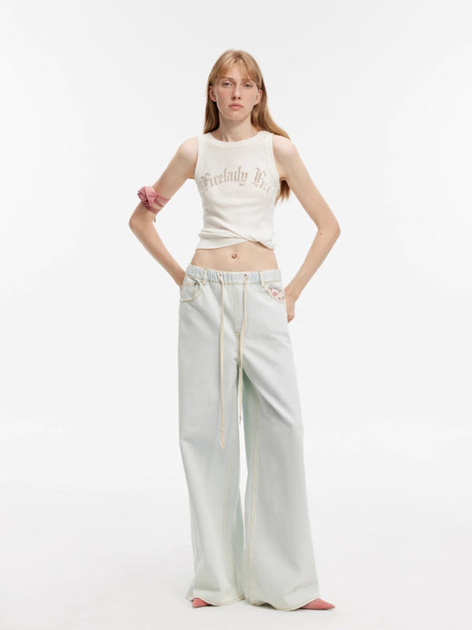 Firelady Fur Washed Sports Style Wide-leg Jeans-0