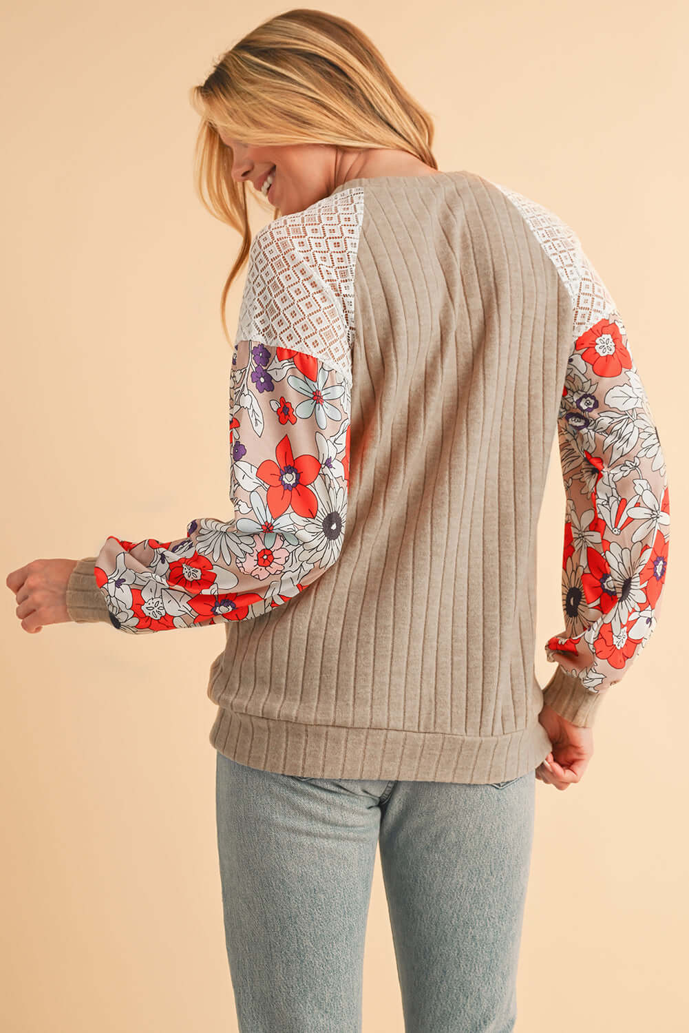 Floral Sleeve Waffle Knit Pullover - Catherine Martin