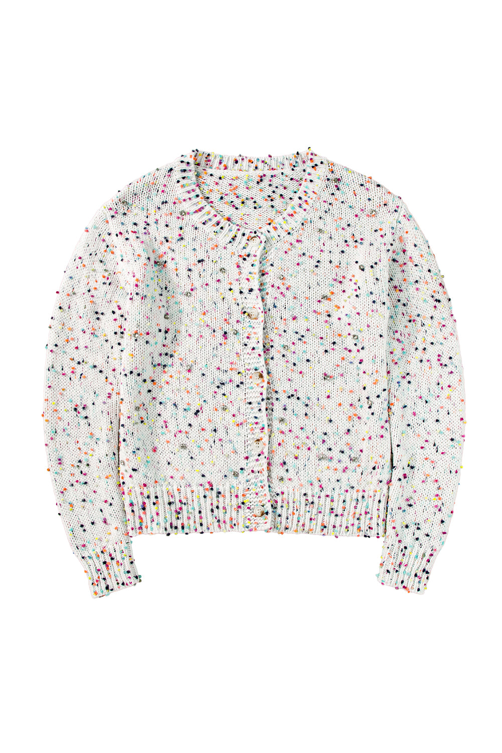Elegant white knit cardigan with a relaxed fit and shimmering accents.
