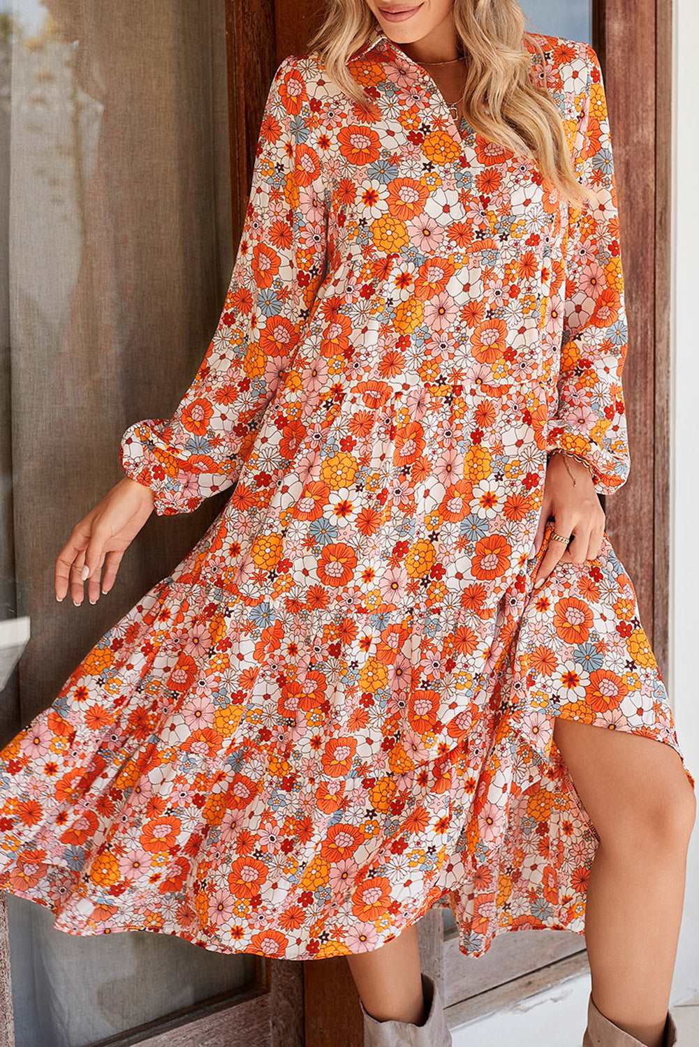 Multicolor Boho Floral Collared Long Sleeve Dress - Catherine Martin