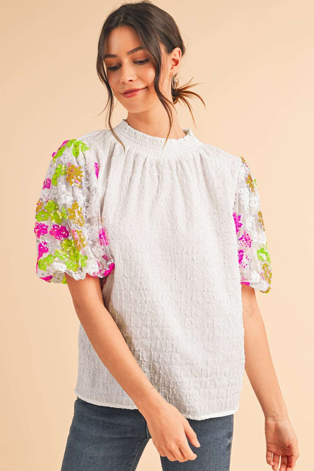 White Top Sequin Flower Sleeve - Catherine Martin