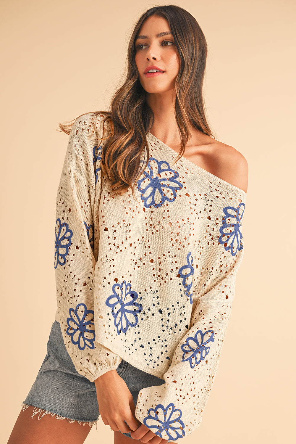 Beige Flower Print Hollow Knit Sweater  - Catherine Martin