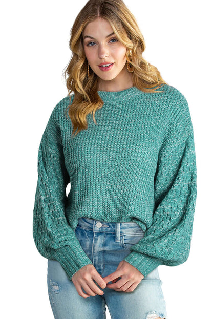 Women Chunky Knit Pullover – Neutral Tones. Green colour. Front view. Neutral background.