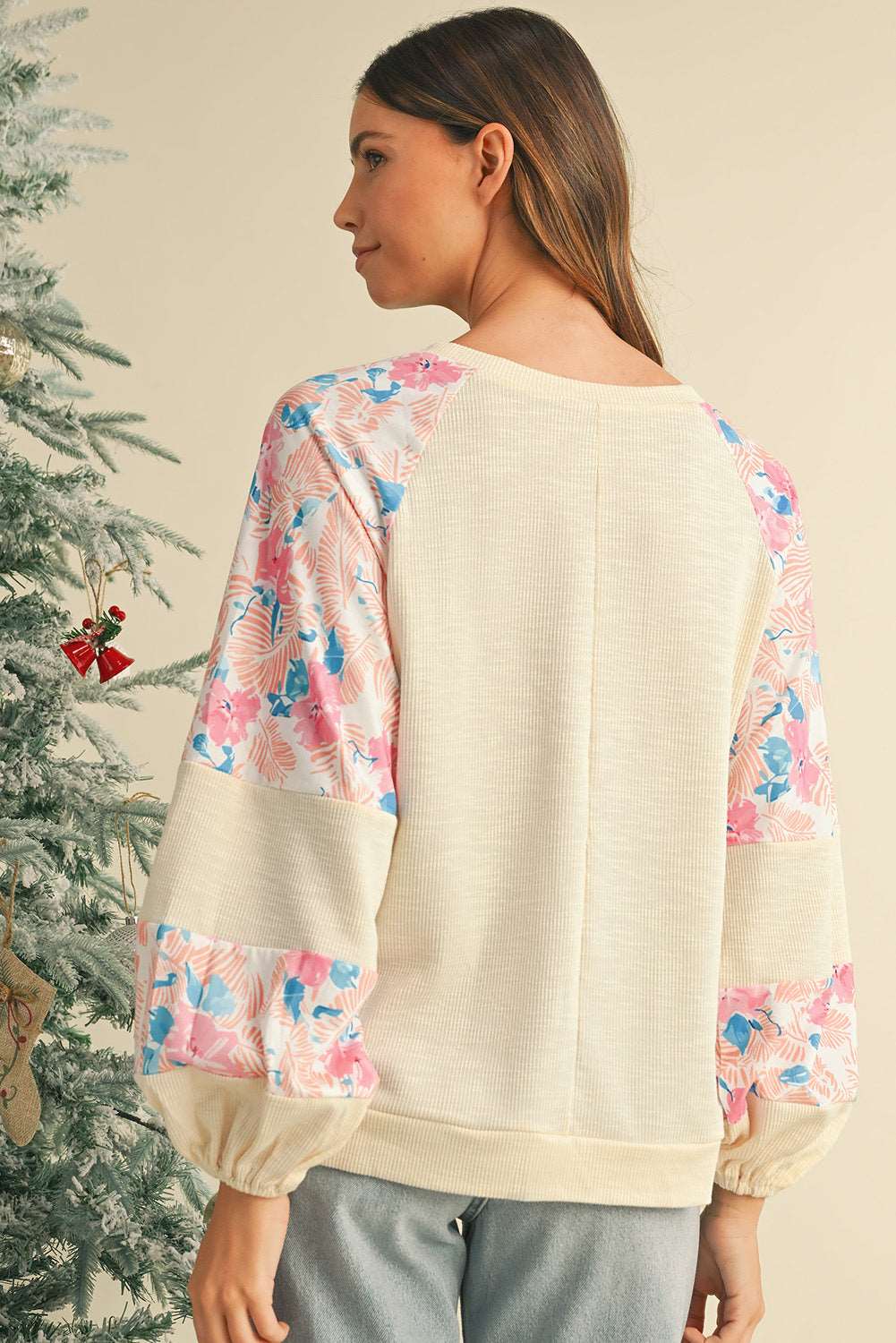 Apricot Crinkle Rib Floral Patchwork Balloon Sleeve Top - Catherine Martin