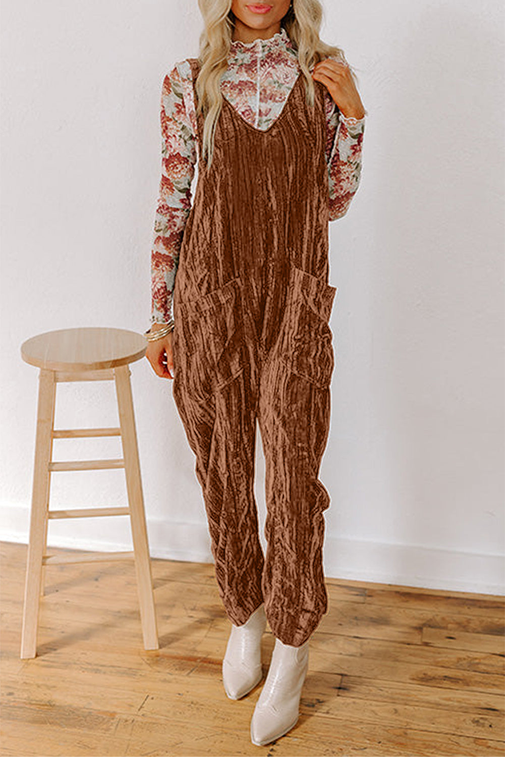 Crushed Velvet Overalls Jumpsuit