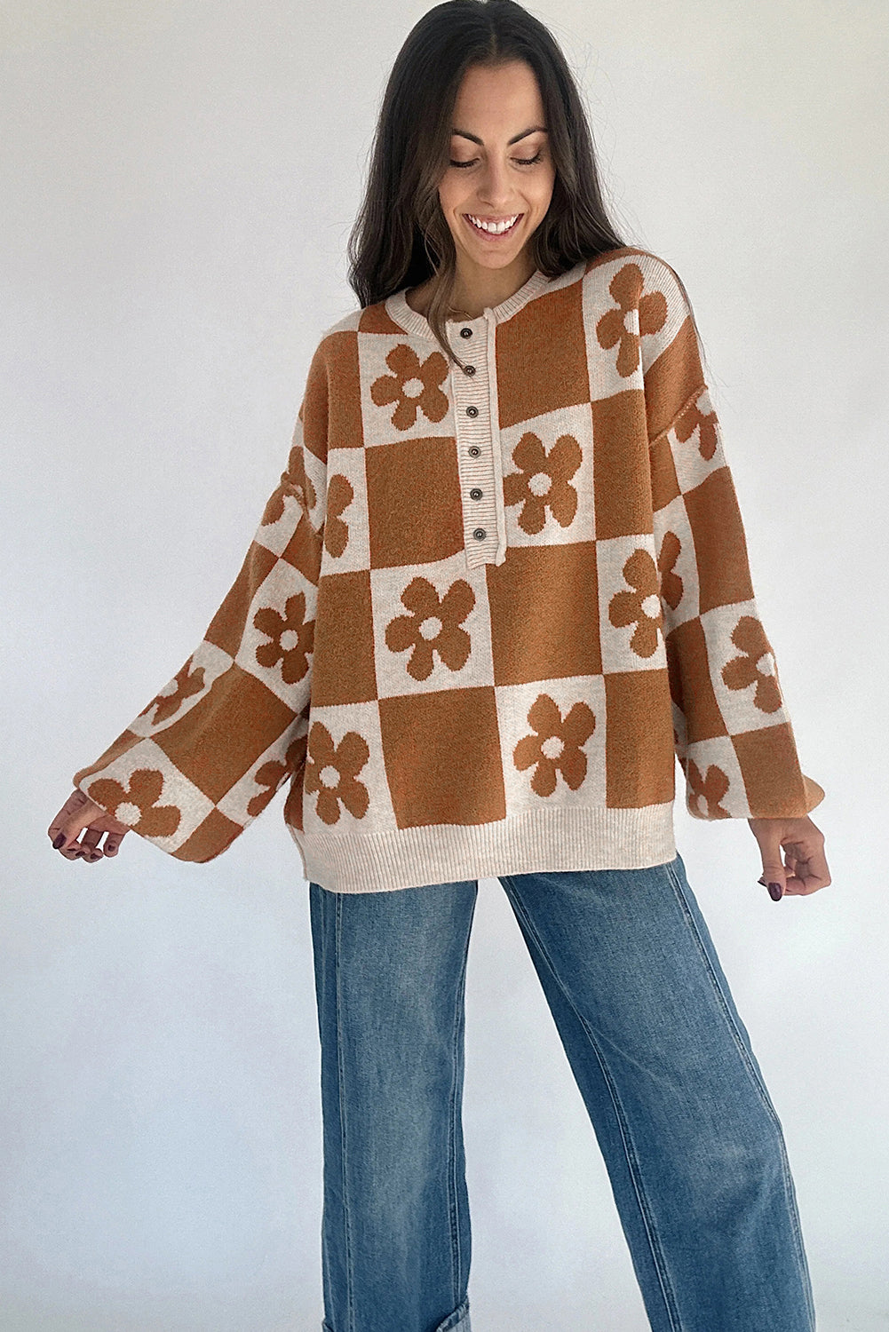Floral Checkered Henley Sweater