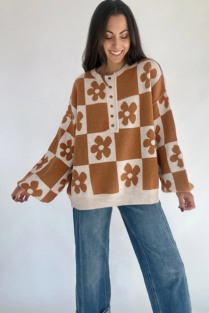 Floral Checkered Henley Sweater