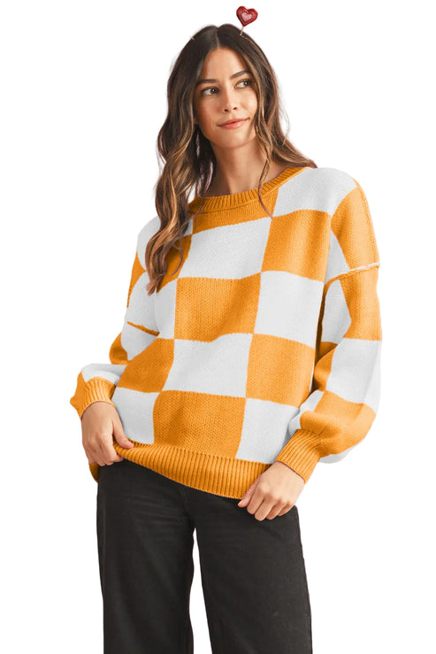 Women's Casual Check Knitted Jumper - Orange