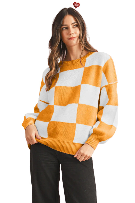 Women's Casual Check Knitted Jumper - Orange
