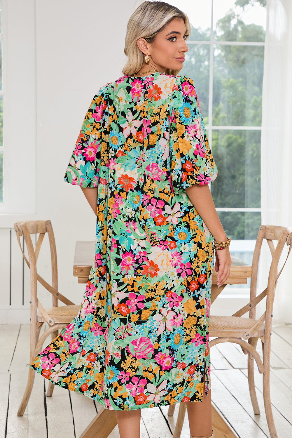 Green Floral Midi Dress Puff Sleeves - Catherine Martin