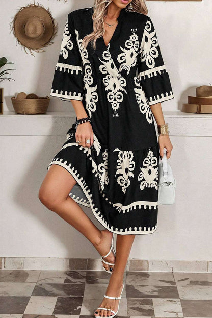 Ethnic Print Dress Black White