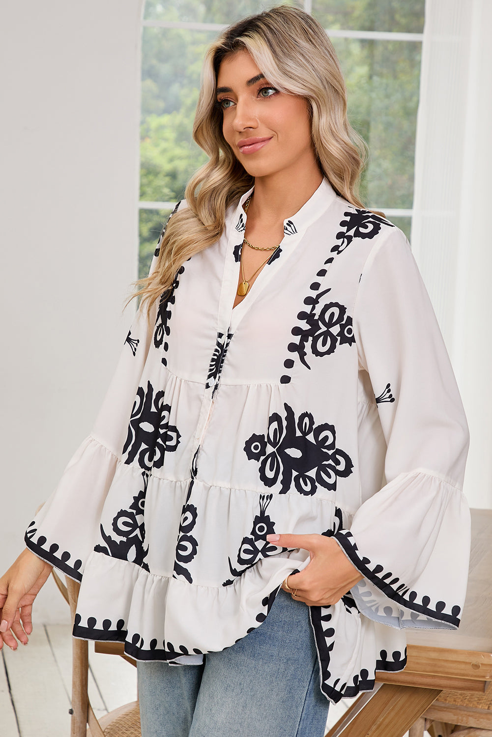 White Boho Blouse Bell Sleeve - Catherine Martin