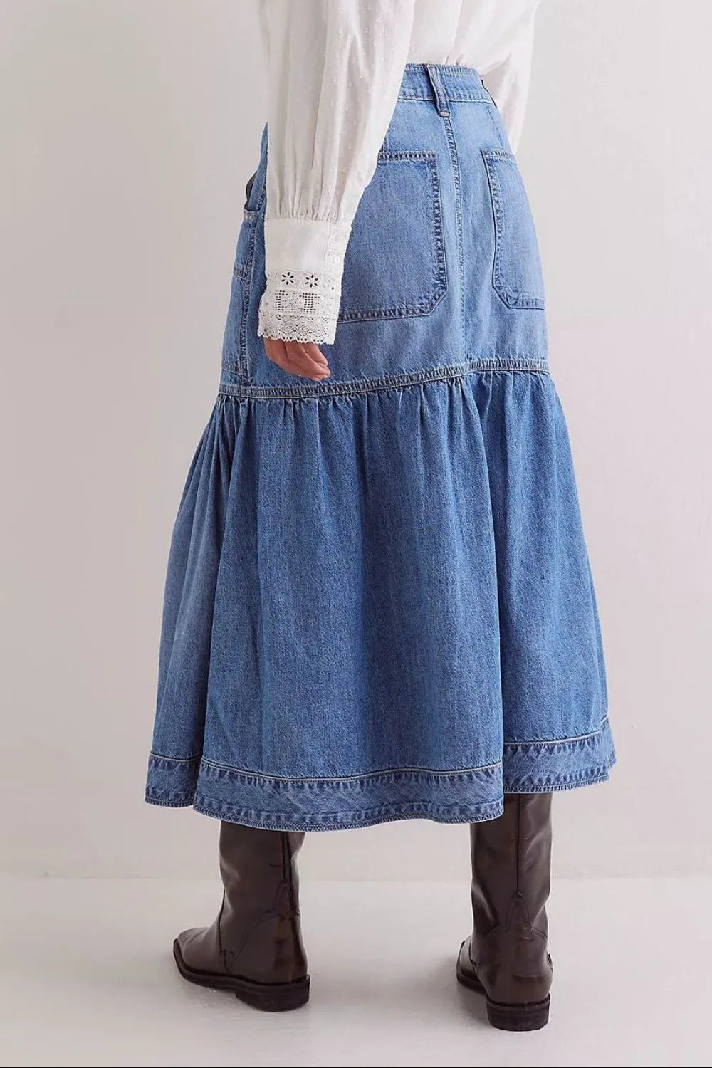 Tiered Pleated Denim Midi Skirt
