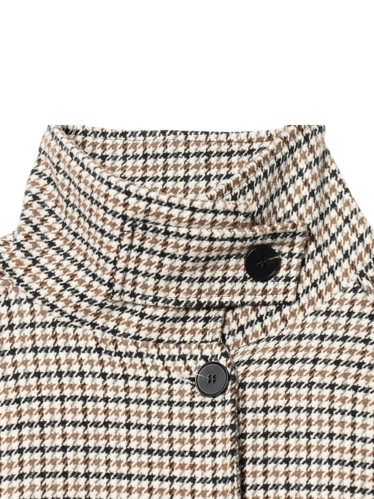 Catherine Martin houndstooth jacket featuring a stand collar with a button tab in cream, tan, and black faux wool.