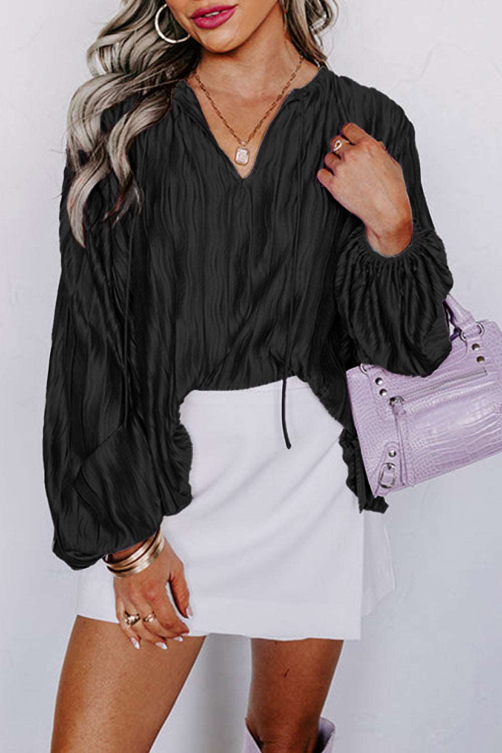 Black V Neck Blouse Bubble Sleeve - Catherine Martin