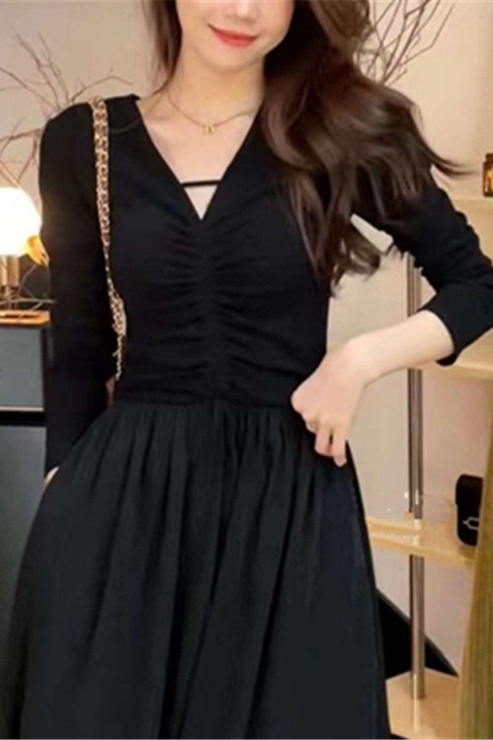 Black V-Neck Pinch Waist Dress - Catherine Martin