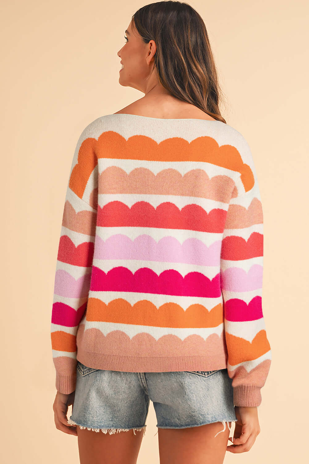 Women's Rose Red Striped Jumper. Back view.