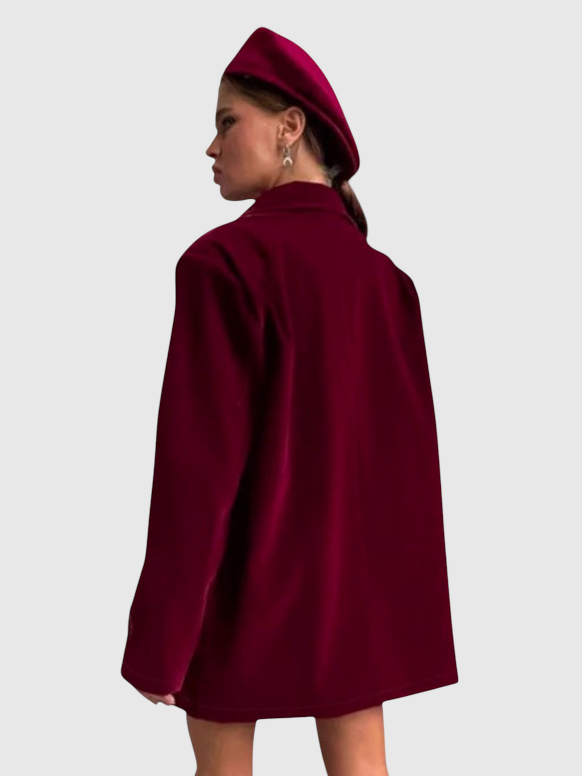 Catherine Martin burgundy oversized velvet jacket with a matching beret worn by a model in a side profile view