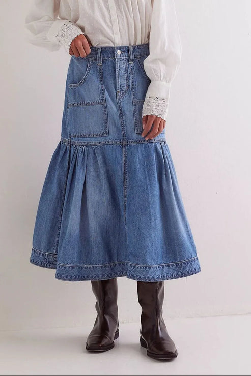 Tiered Pleated Denim Midi Skirt