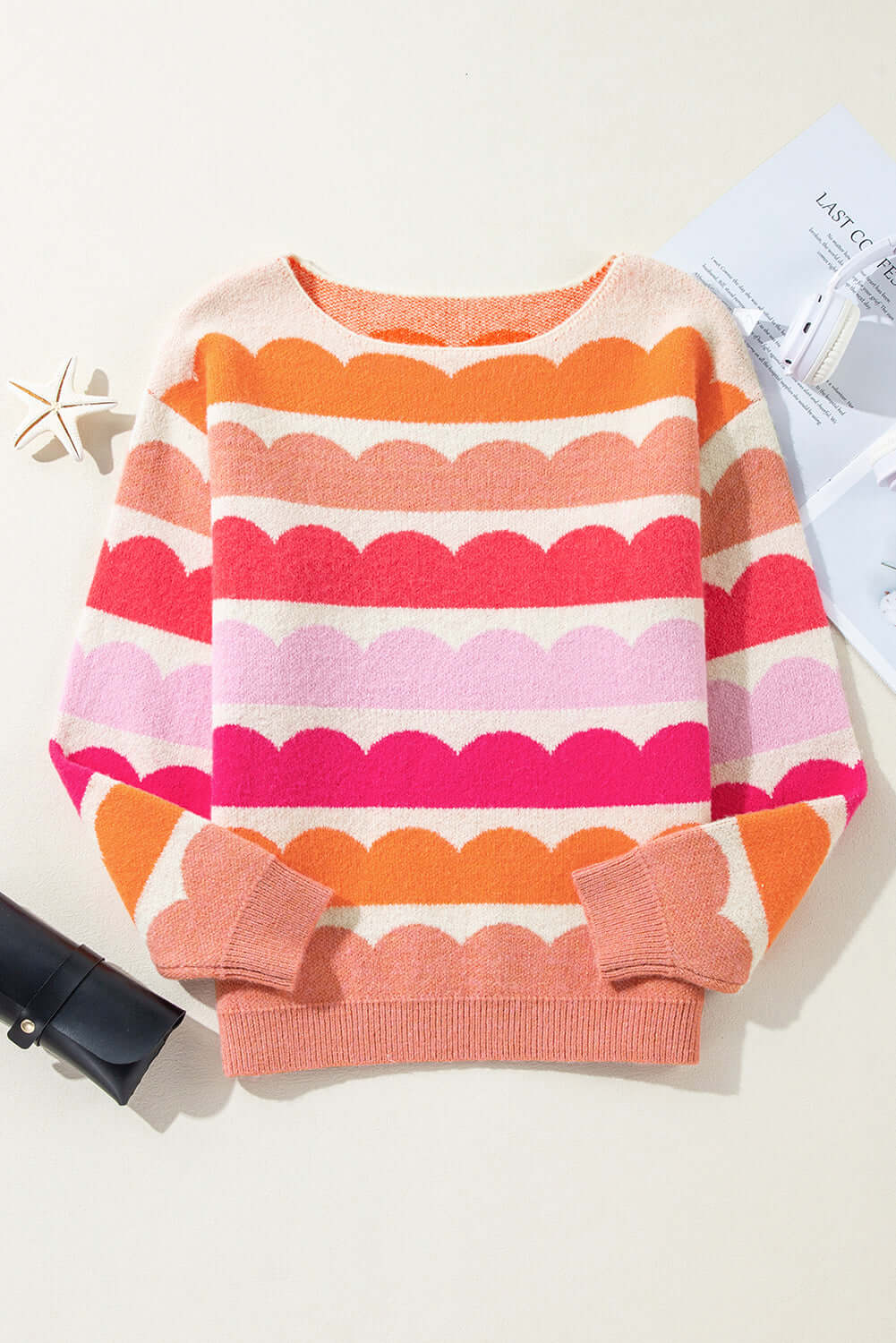 Women's Rose Red Striped Jumper. Front view, flat lay.